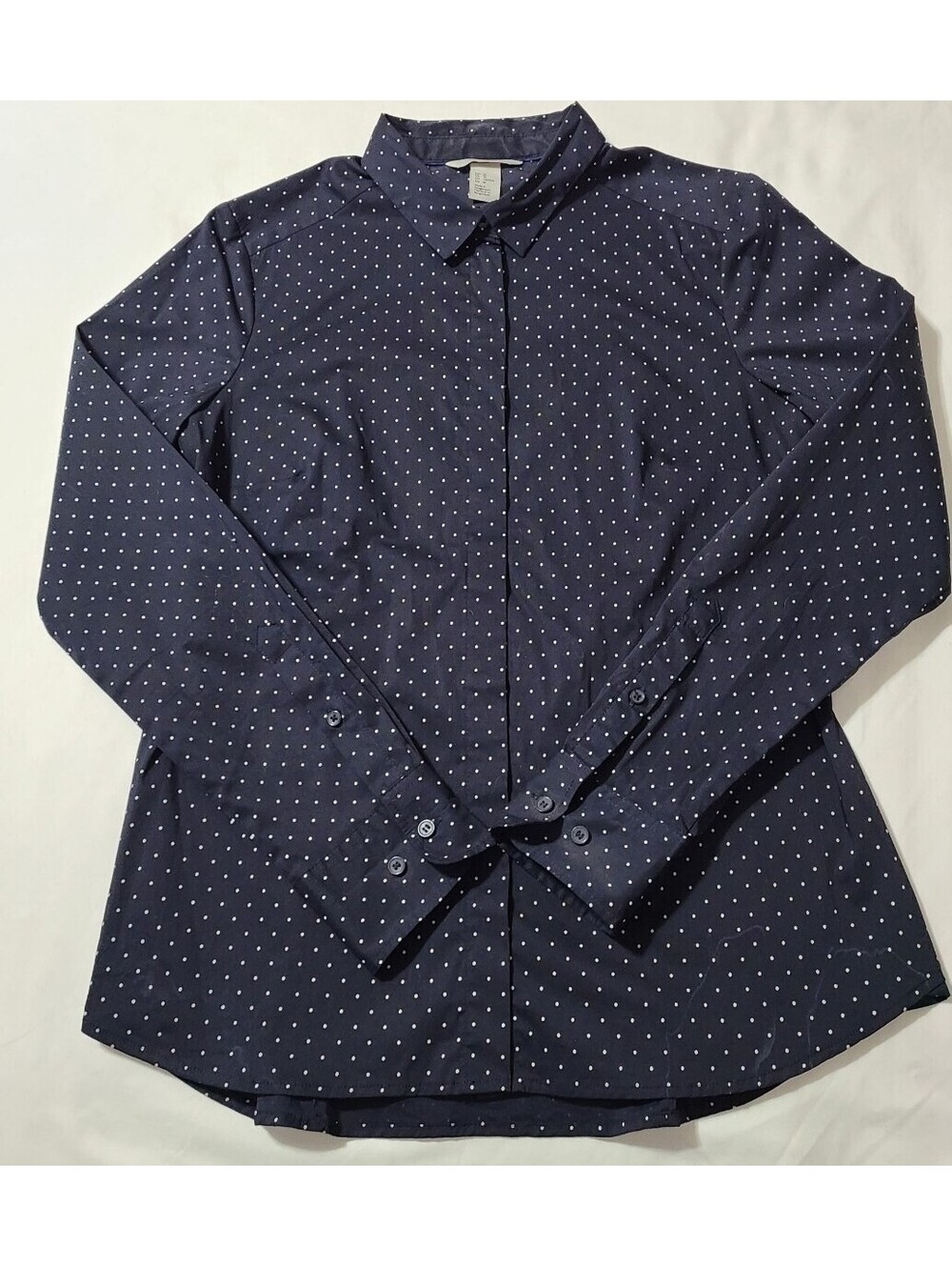 H&M Women's Navy White Polka Dot Button Front Shirt Blouse Cotton Blend US 10